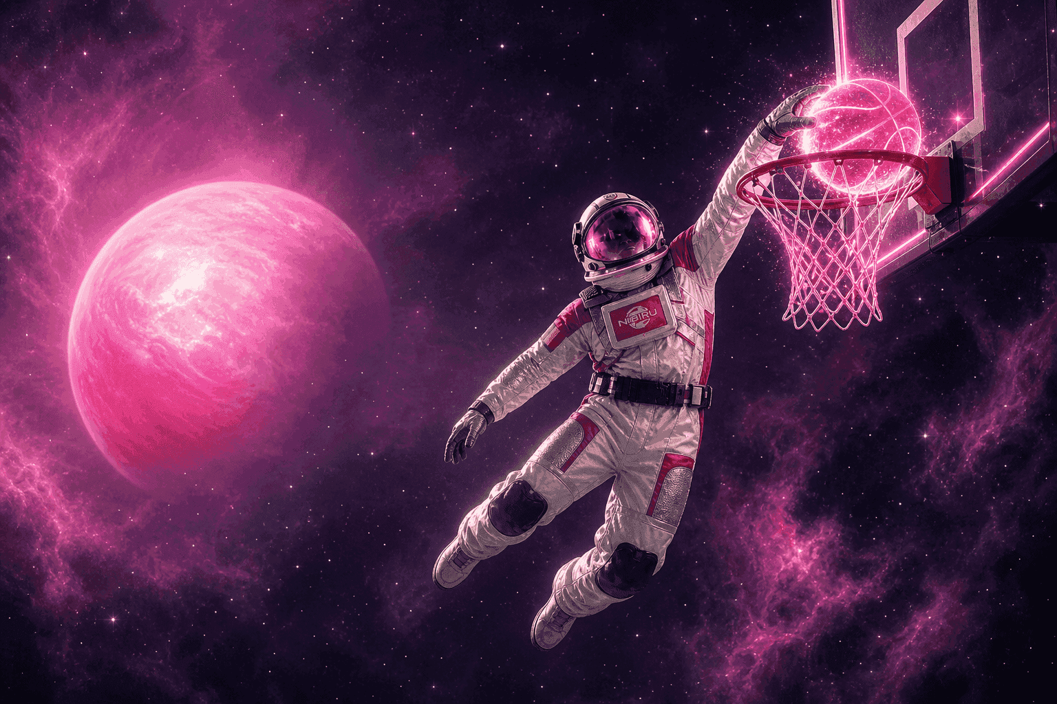 Astronaut Nibiru făcând slam dunk cu o minge de baschet în spațiu